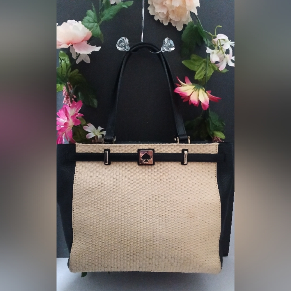 Kate Spade New York Black Leather/Cream Woven with Shoulder Straps